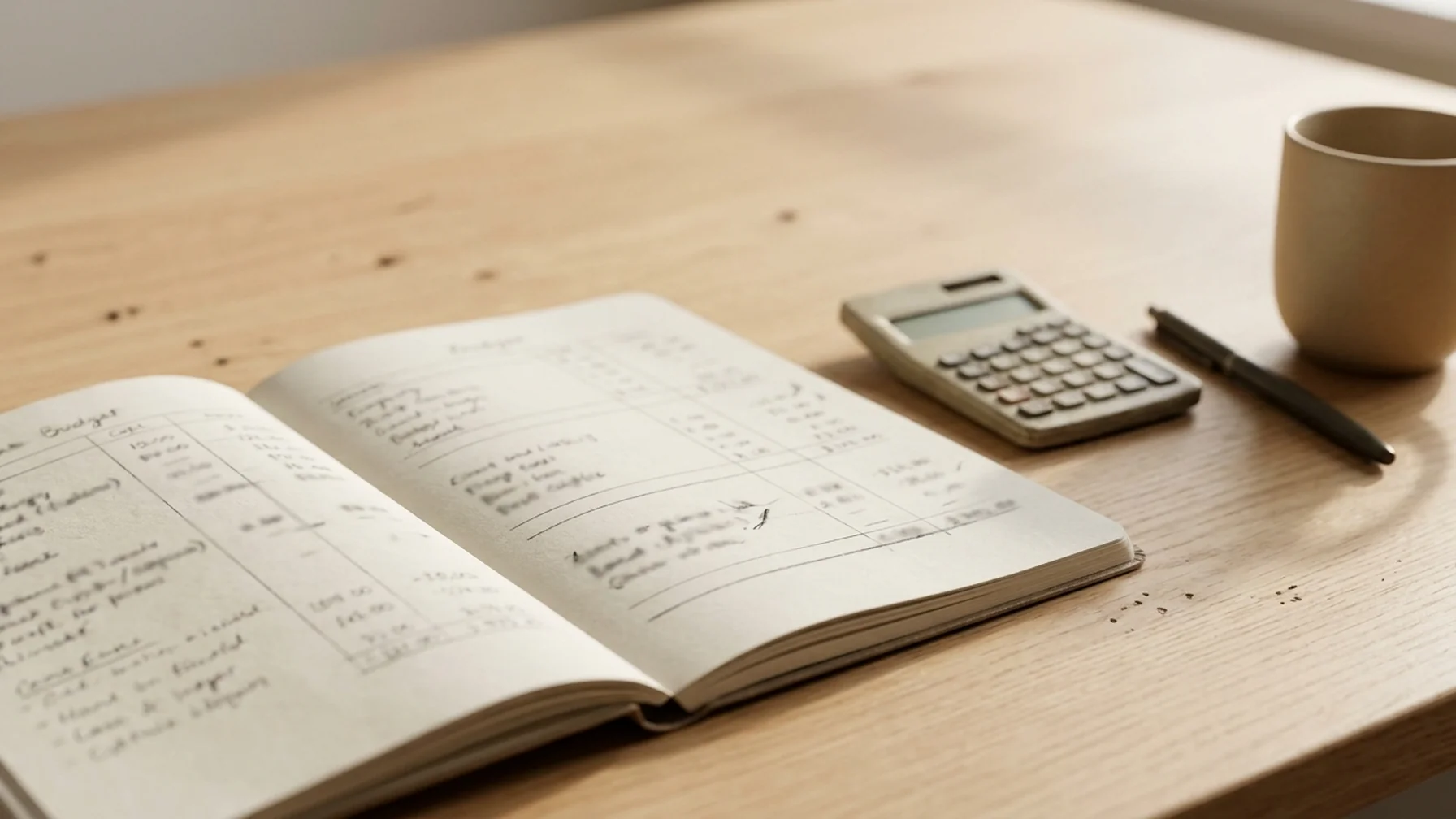 Notebook page with a handwritten rate figure and a currency conversion calculation beside a calculator and coffee cup