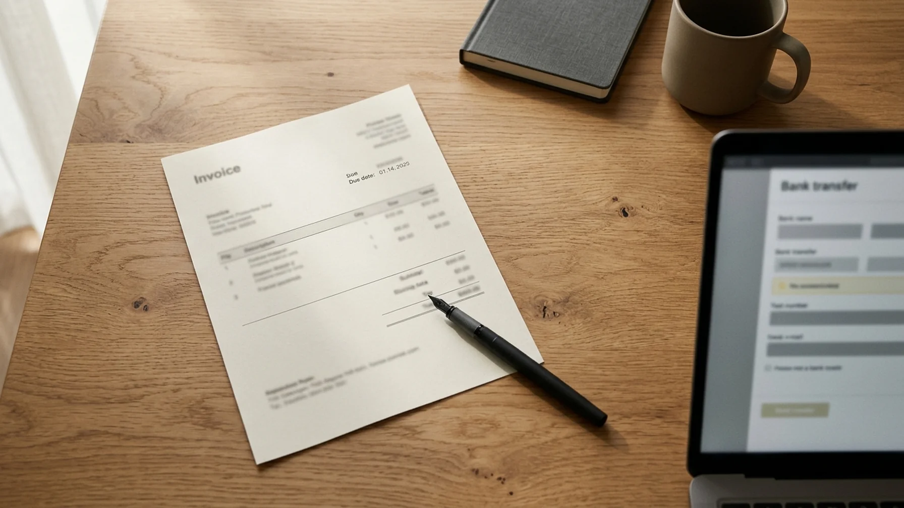 A freelance designer's desk with a printed invoice showing a currency column, a pen resting on it, and a laptop open to a bank transfer screen in soft window light.