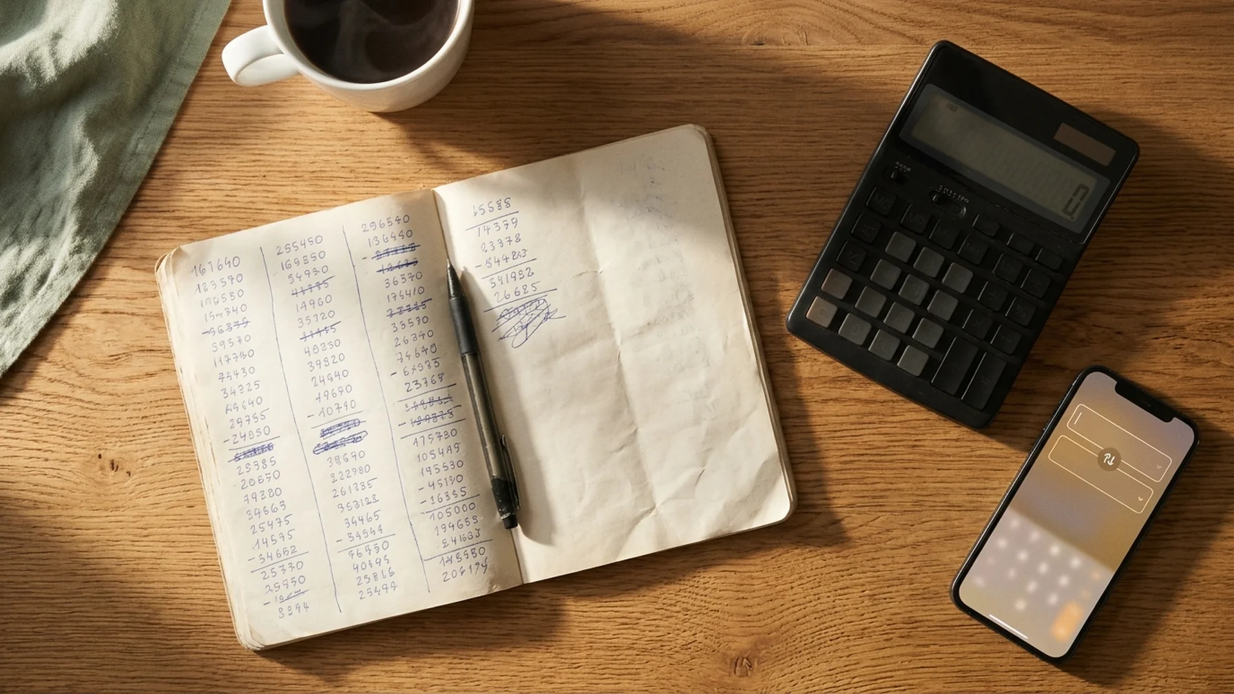 A notebook with handwritten figures beside a calculator and a phone showing a currency conversion screen, morning light on a desk